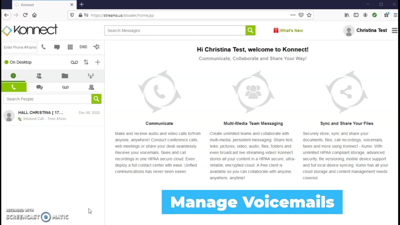 Screen Recording of a Voicemail tutorial of Kumo Konnect