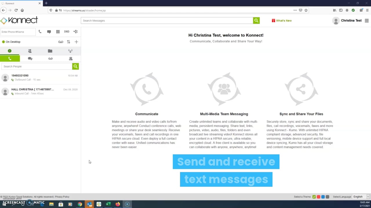 Screen Recording of a SoftCalling and SMS tutorial of Kumo Konnect